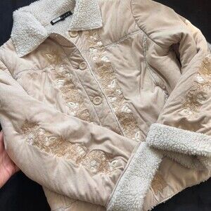 Y2K Beige Tan Cottagecore Faux Fur Boho Button Up Ethereal Embroidered Jacket
